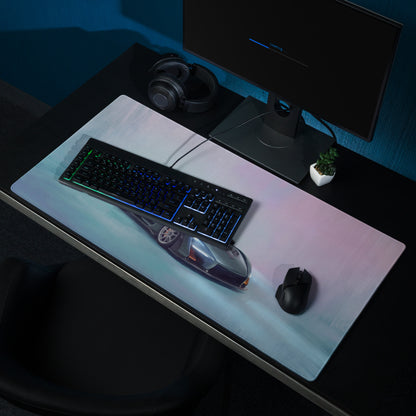 A sleek rectangular mclaren senna inspired racing green gaming mousepad with glossy finish and illuminated silver purple car graphic