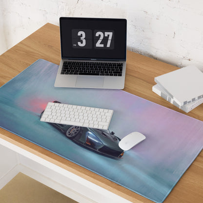 McLaren Senna inspired racing green desk pad with ultra-glide stitched edge featuring blue purple gradient and black sports car