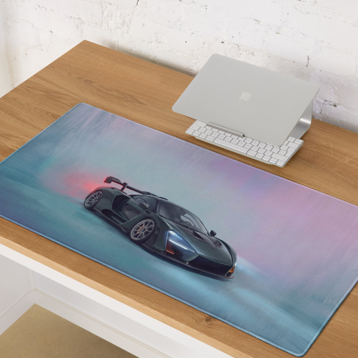 McLaren Senna inspired racing green stitched edge gaming mousepad with sleek dark gray Koenigsegg hypercar graphic