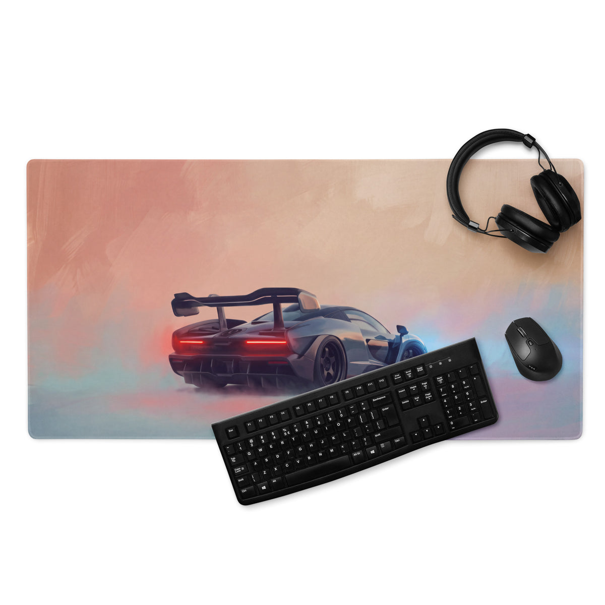 A sleek rectangular McLaren Senna inspired stealth edition gaming mousepad with vibrant futuristic car design on rubber base