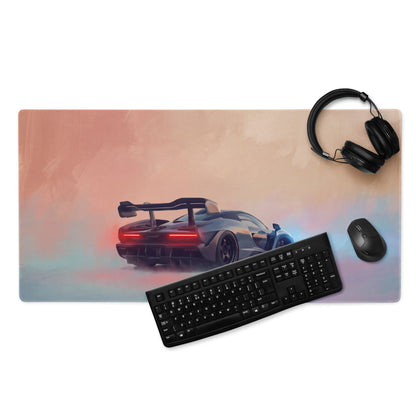 A sleek rectangular McLaren Senna inspired stealth edition gaming mousepad with vibrant futuristic car design on rubber base