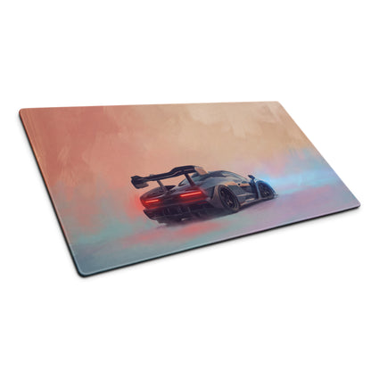 Rectangular McLaren Senna inspired stealth edition mousepad with dark gray sports car drifting on non slip rubber base