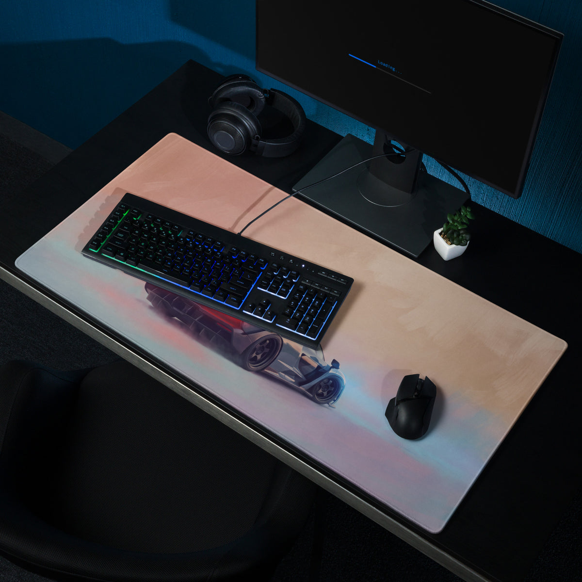 A sleek rectangular McLaren Senna inspired stealth edition gaming mousepad with glossy finish and red blue sports car graphic
