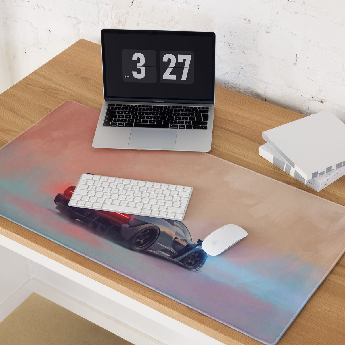 A sleek rectangular McLaren Senna inspired stealth edition desk pad with vibrant gradient and red black sports car design