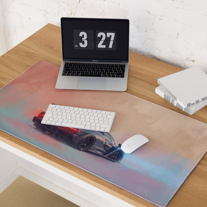 A sleek rectangular McLaren Senna inspired stealth edition desk pad with vibrant gradient and red black sports car design
