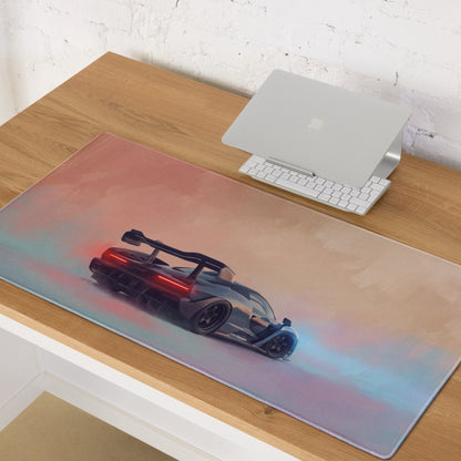 McLaren Senna inspired stealth edition desk pad featuring a vibrant black and red sports car on non-slip rubber base