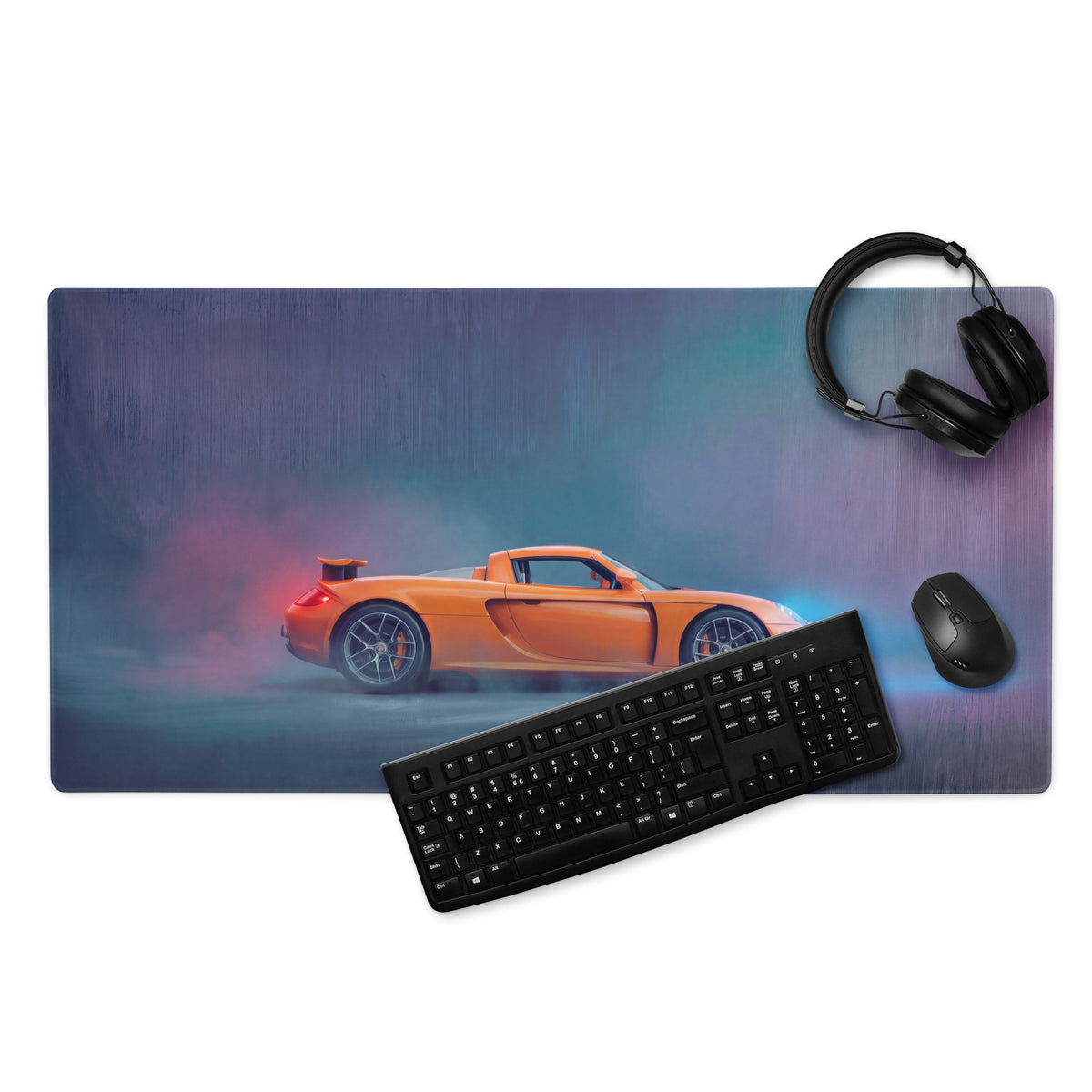 Orange sports car graphic printed on a smooth high-dpi rectangular mousepad with a black keyboard and headphones nearby