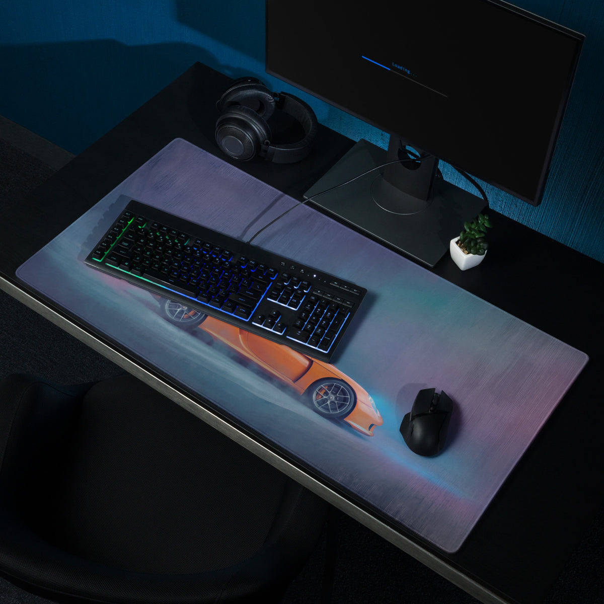 Orange sports car graphic printed on translucent gaming mousepad for high-DPI smooth control desk mat