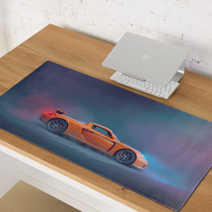 Orange sports car graphic on a dark blue rectangular high-dpi smooth control Porsche Carrera GT inspired mousepad