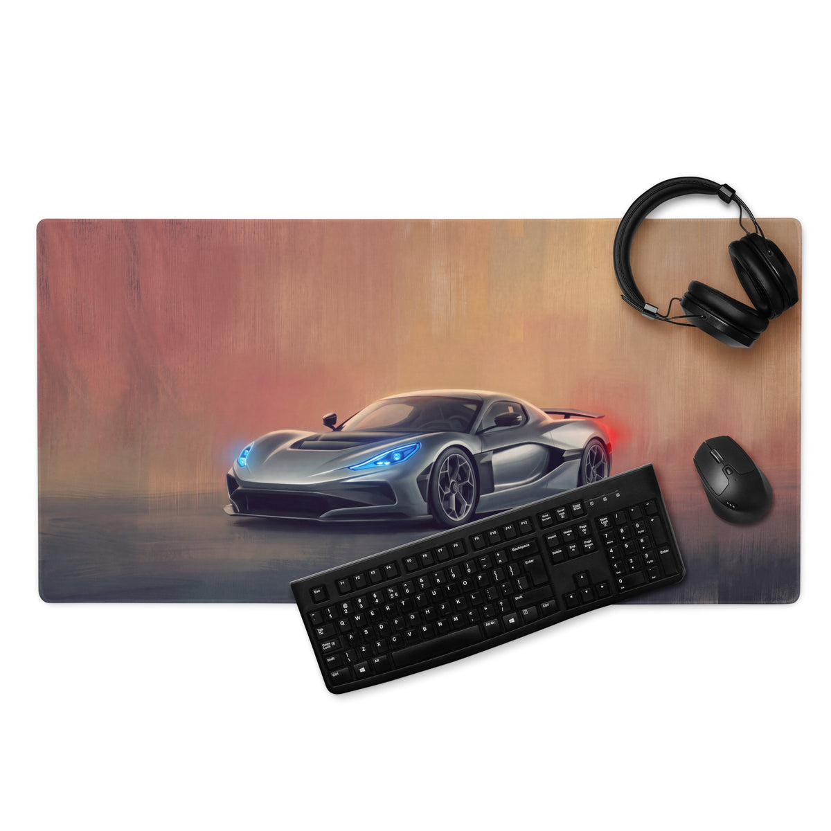 Silver futuristic sports car graphic printed on a rectangular rimac nevera inspired electric silver desk pad mousepad