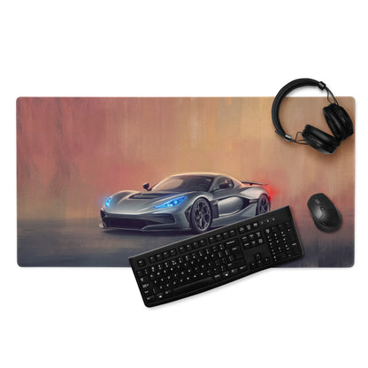 Silver futuristic sports car graphic printed on a rectangular rimac nevera inspired electric silver desk pad mousepad