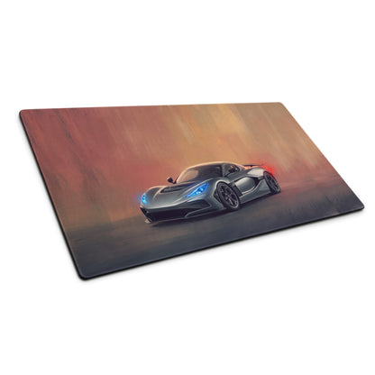 Silver rimac nevera inspired electric desk pad with ultra glide stitched edge and glowing blue headlights design
