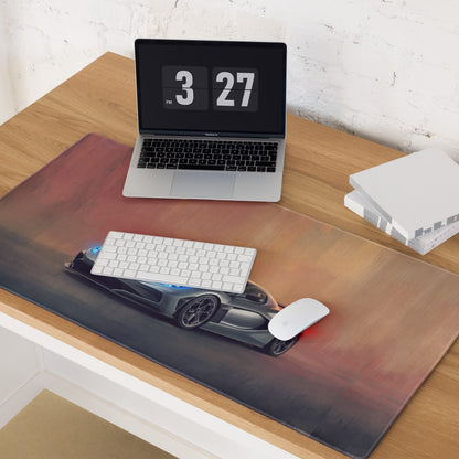 Rimac Nevera inspired electric silver desk pad with black and silver Koenigsegg hypercar graphic and stitched edges