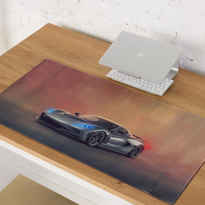 Rimac nevera inspired electric silver desk pad featuring a sleek gray sports car with blue headlights and red taillights