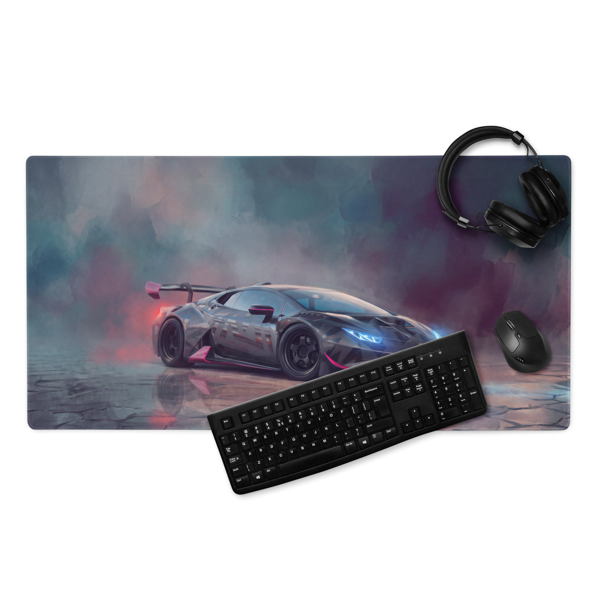 A sleek black and red lamborghini huracán inspired cyber camo desk mat with a glossy finish high precision xl gaming mousepad