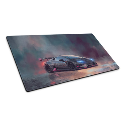 A sleek rectangular xl gaming mousepad with a vibrant digital lamborghini huracán design and glowing blue headlights