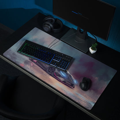 A sleek rectangular gaming mousepad featuring a vibrant futuristic Lamborghini huracán with blue and purple accents