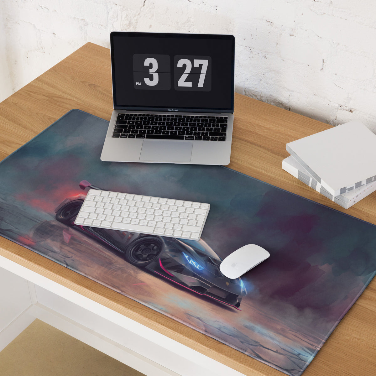 A sleek rectangular xl gaming mousepad with vibrant lamborghini huracán inspired cyber camo design in purple teal