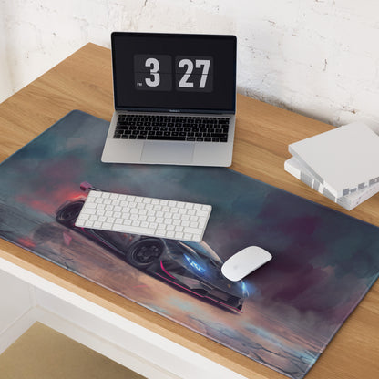 A sleek rectangular xl gaming mousepad with vibrant lamborghini huracán inspired cyber camo design in purple teal