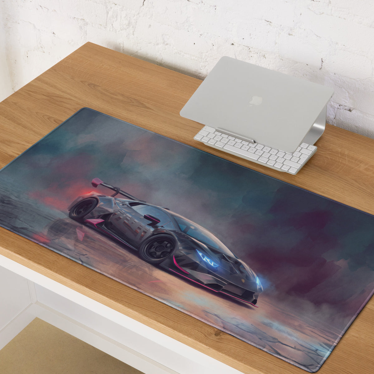A sleek rectangular xl gaming mousepad featuring a futuristic lamborghini huracán with glowing blue headlights and pink accents