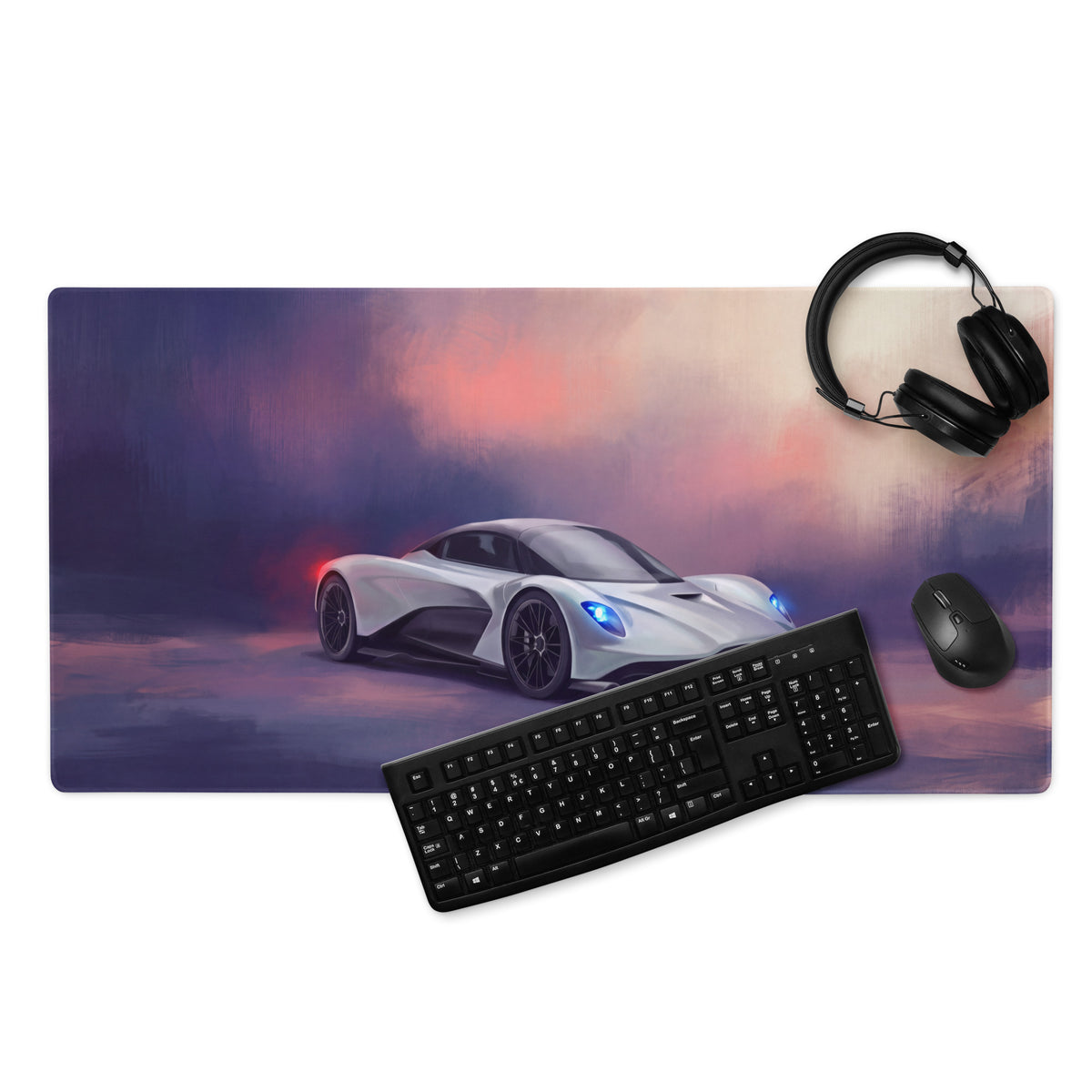 Aston Martin Valhalla inspired silver aero desk mat with white sports car graphic low-friction pc mousepad setup