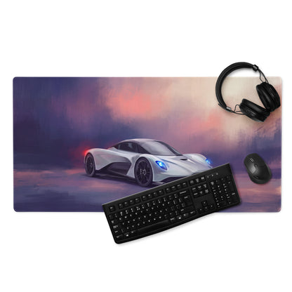 Aston Martin Valhalla inspired silver aero desk mat with white sports car graphic low-friction pc mousepad setup