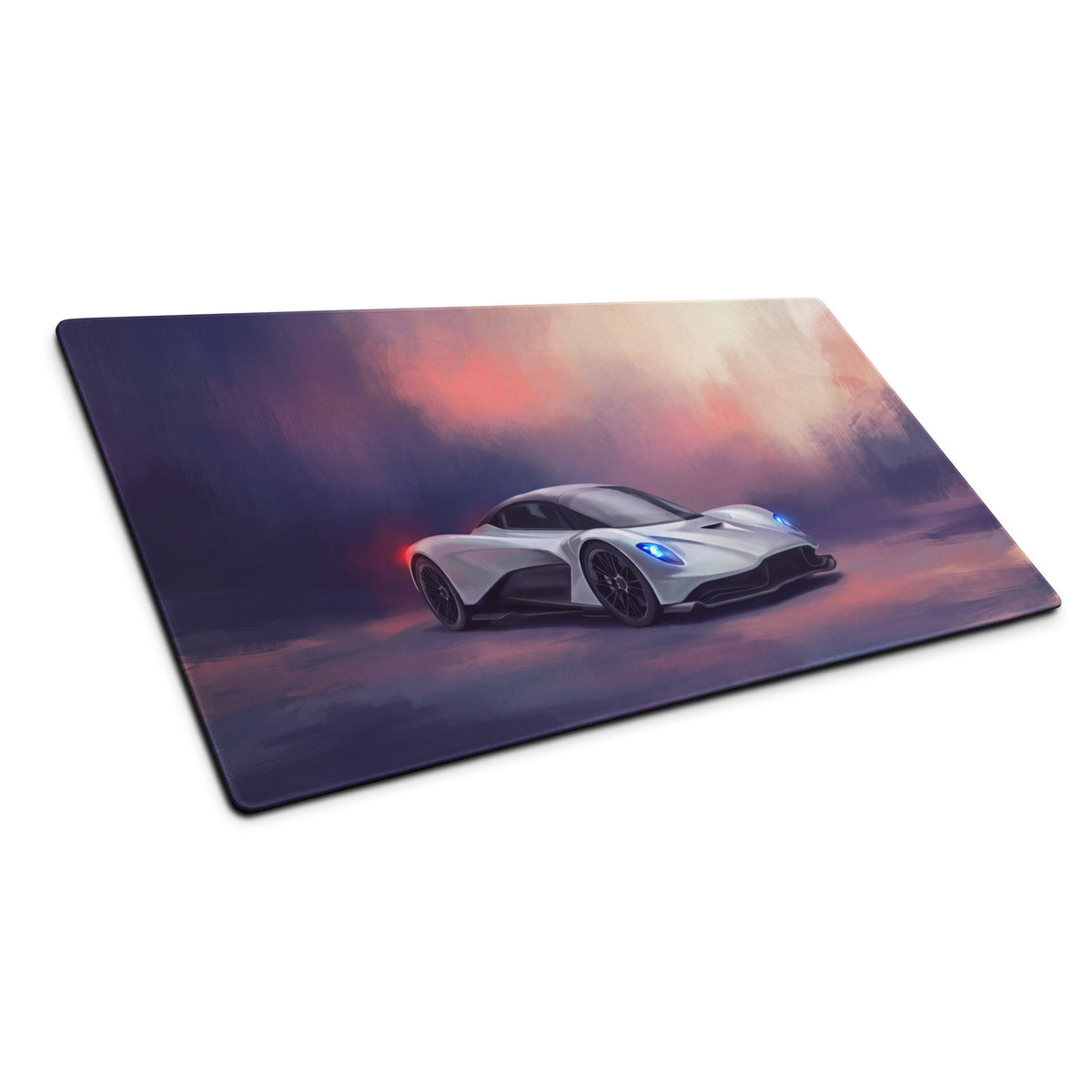 Silver aston martin valkyrie sports car graphic on rectangular low-friction mousepad with dramatic sky background