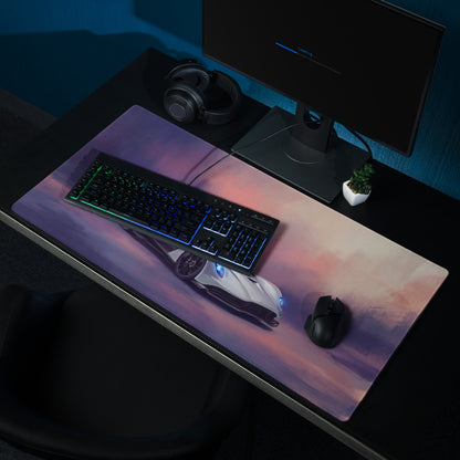 A sleek rectangular gaming mousepad with a purple pink gradient sky and white sports car design inspired by aston martin valhalla