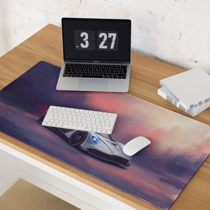 Aston Martin Valhalla inspired silver sports car graphic printed on a purple and pink gradient aero desk mat mousepad