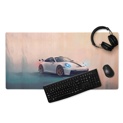 White porsche sports car graphic on wooden textured extended non slip rubber base porsche 911 gt3 desk pad