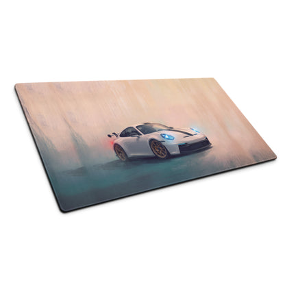 White porsche 911 gt3 racing car graphic printed on a white gold extended desk pad with non slip rubber base