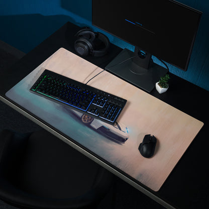 A sleek light beige Porsche 911 GT3 inspired gaming mousepad with a futuristic vehicle design and non-slip rubber base