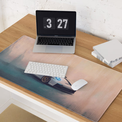 Porsche 911 gt3 inspired white gold desk pad featuring a silver and black sports car graphic with glowing blue headlights