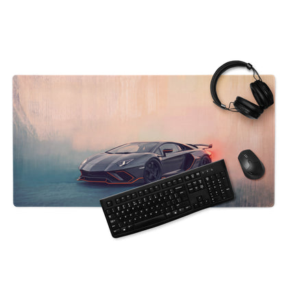 A sleek black Lamborghini Aventador graphic printed on a rectangular stealth orange XL gaming mousepad