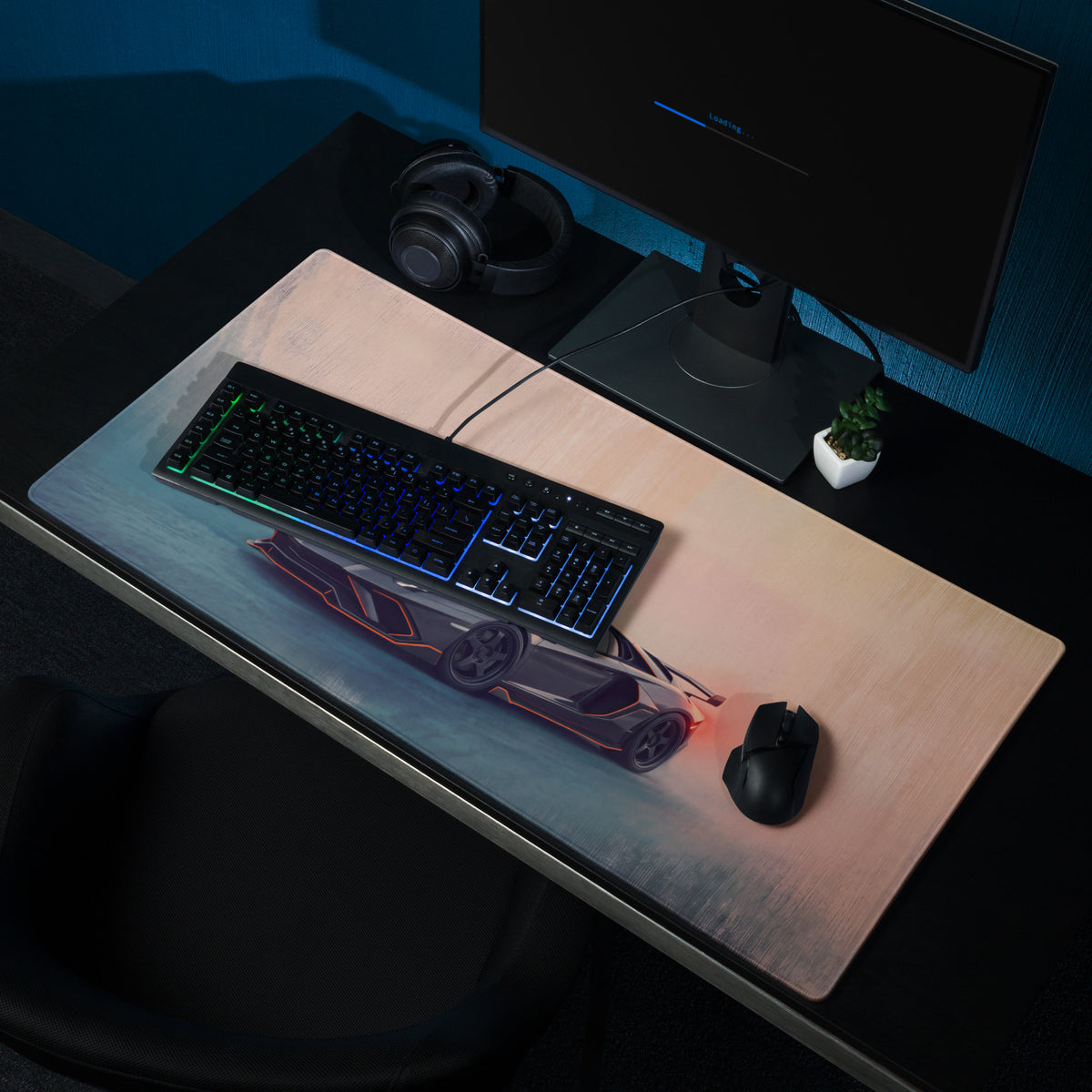 A sleek rectangular lamborghini aventador inspired stealth orange desk mat with a detailed black and red sports car graphic