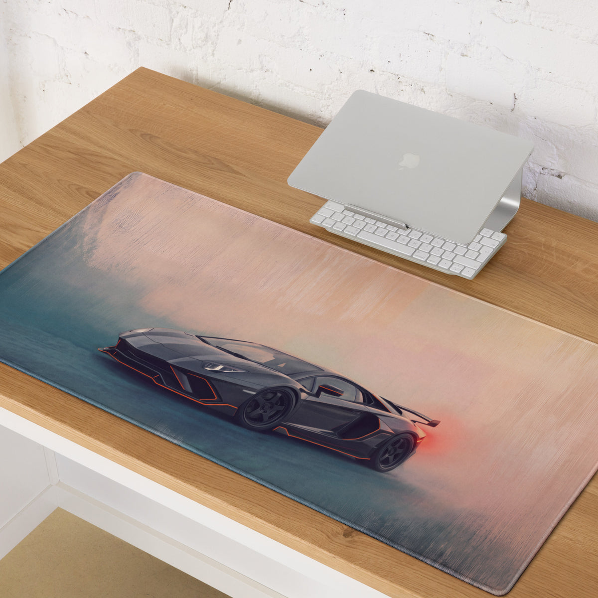 Lamborghini Aventador inspired stealth orange xl gaming mousepad with black sports car graphic and red accent lighting