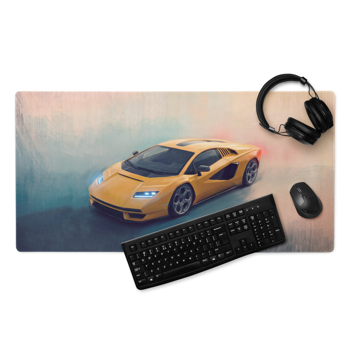Yellow lamborghini countach inspired heritage desk pad with sports car graphic non slip rubber base mouse mat