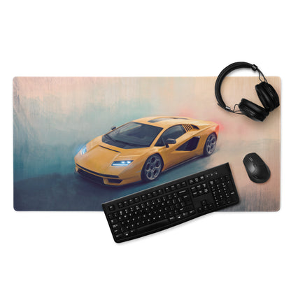 Yellow lamborghini countach inspired heritage desk pad with sports car graphic non slip rubber base mouse mat