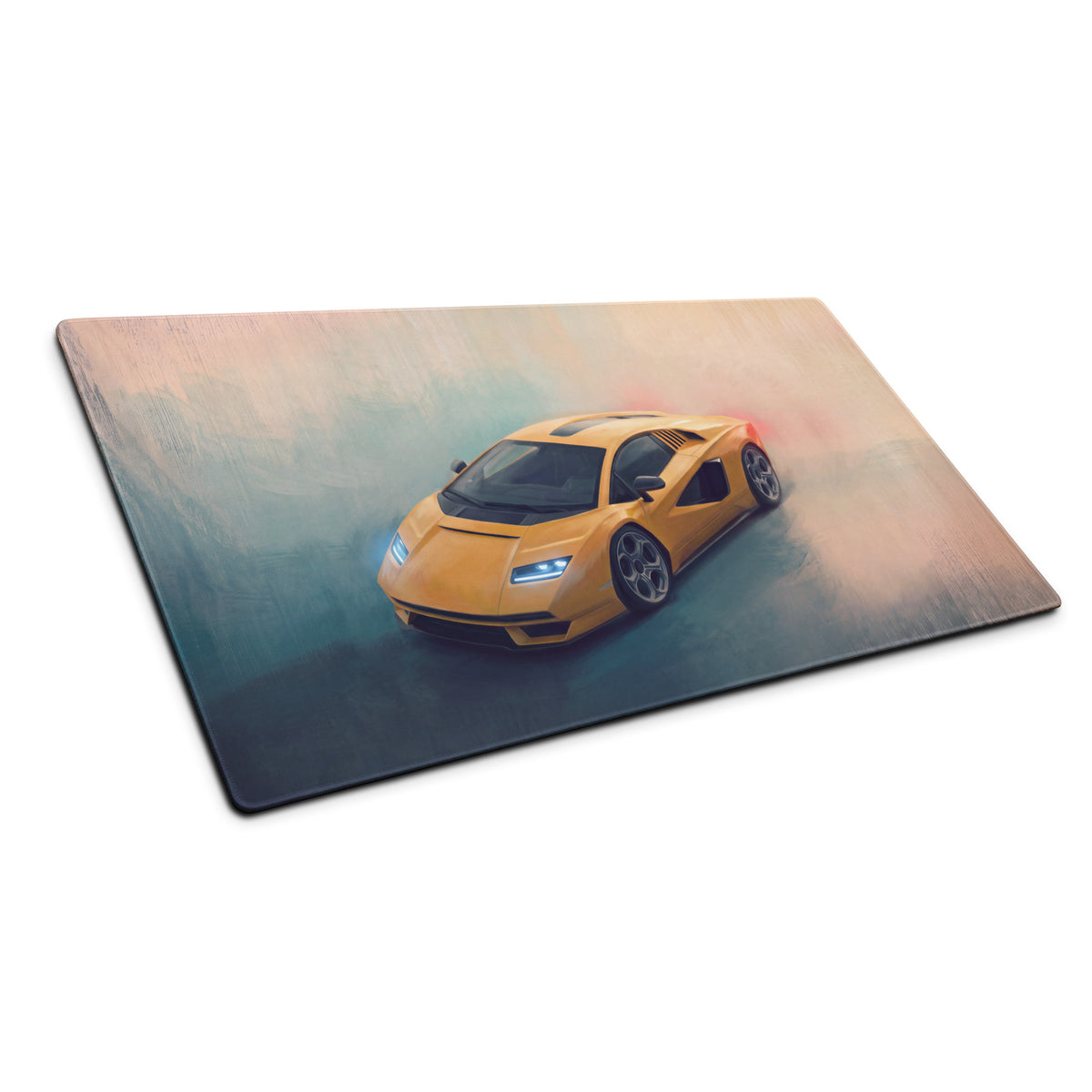 Yellow lamborghini countach inspired heritage desk pad with non slip rubber base and sports car illustration