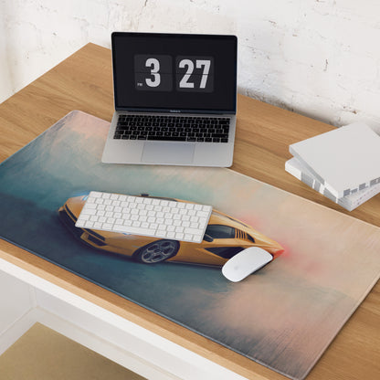 Yellow sports car graphic on lamborghini countach inspired heritage yellow desk pad with non-slip rubber base