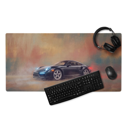 Black Porsche sports car graphic on a slate grey rectangular desk mat with abstract smoky background hues