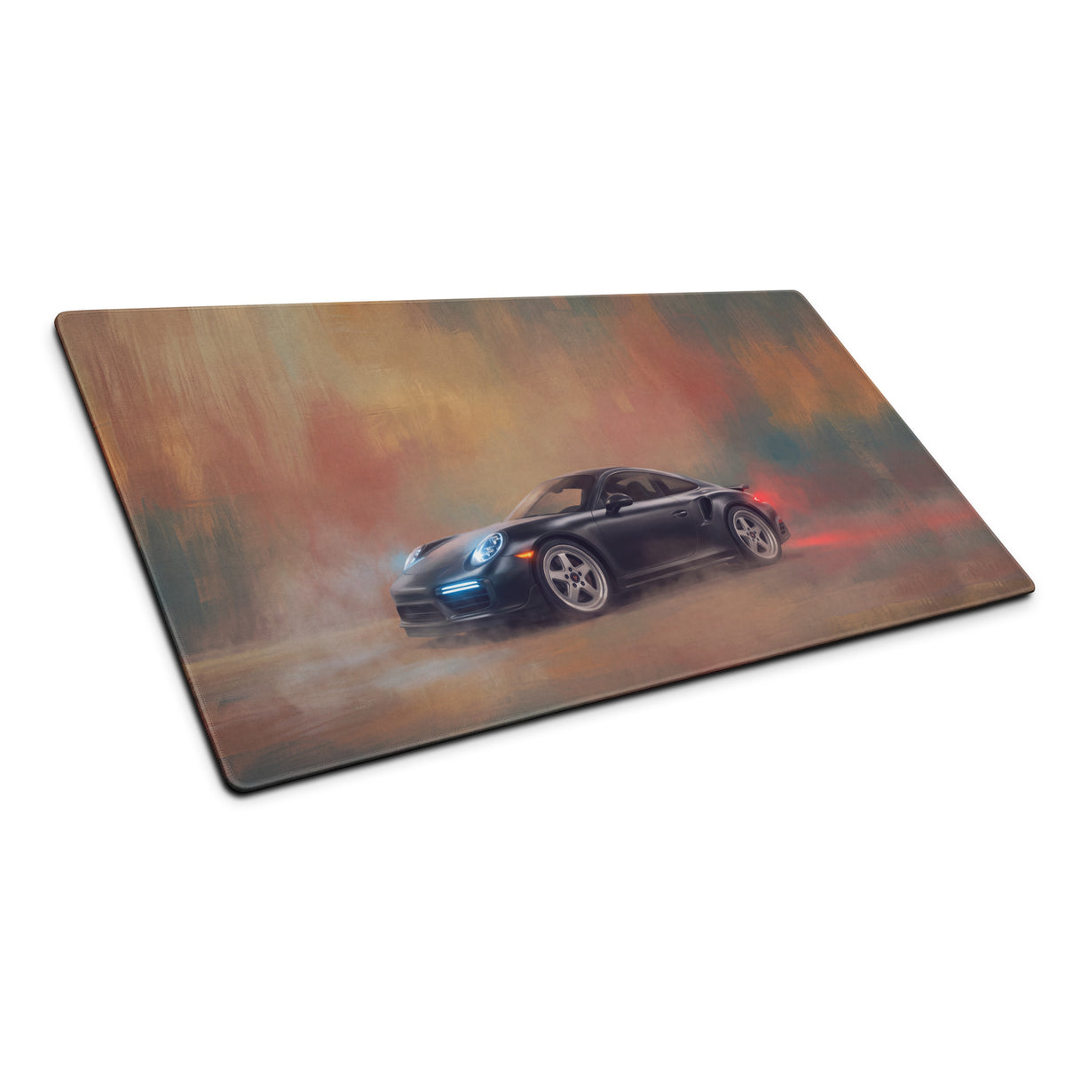 Black porsche sports car graphic printed on glossy slate grey desk mat for high precision gaming use