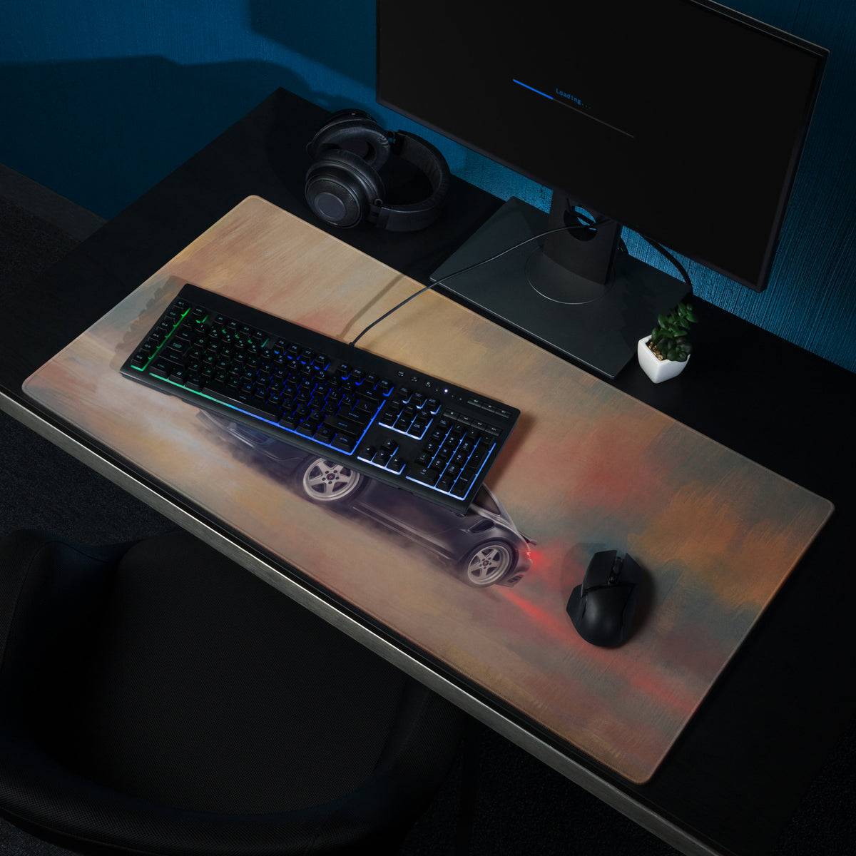Porsche 911 turbo inspired slate grey gaming mousepad with vibrant gradient and black sports car design for high precision use