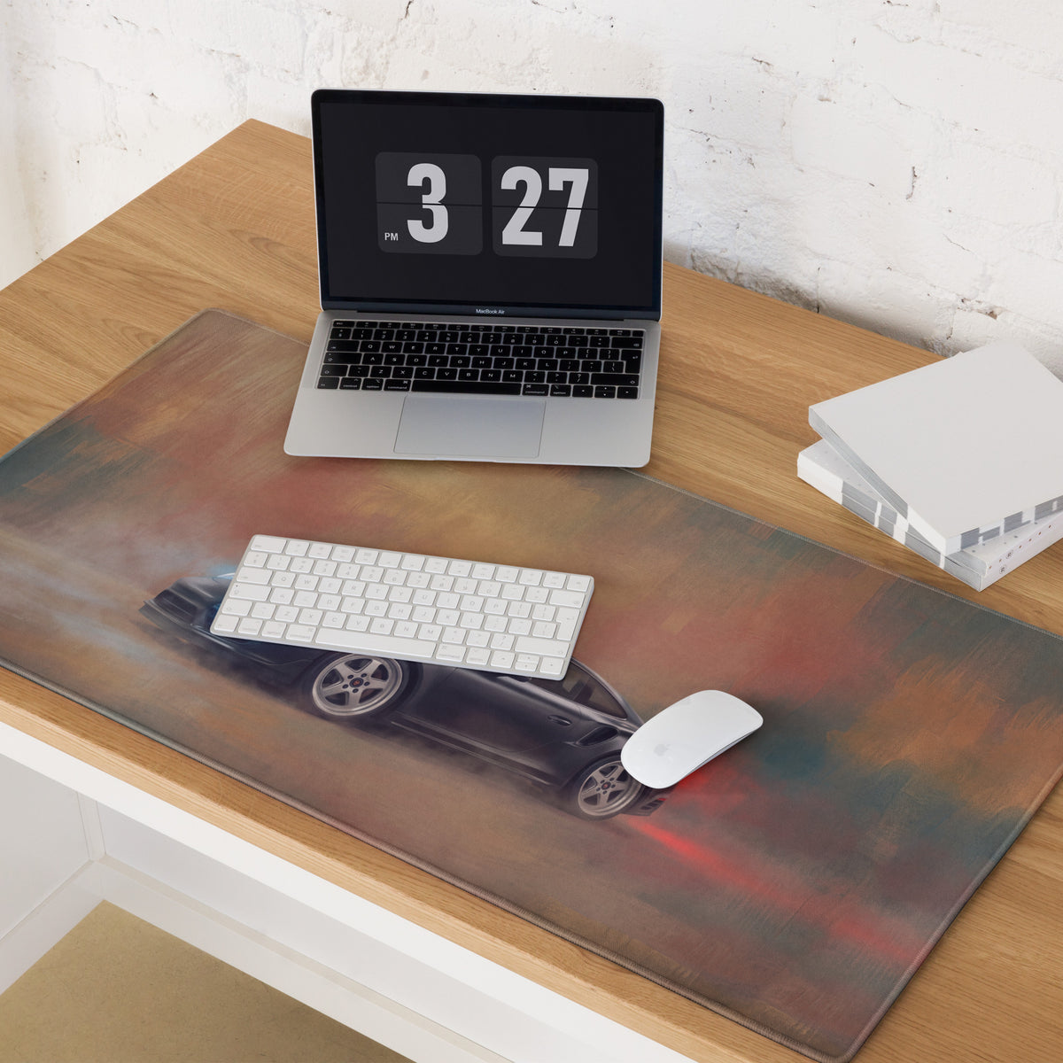 Porsche 911 Turbo inspired slate grey xl gaming mousepad with black sports car graphic on smoky brown and red background