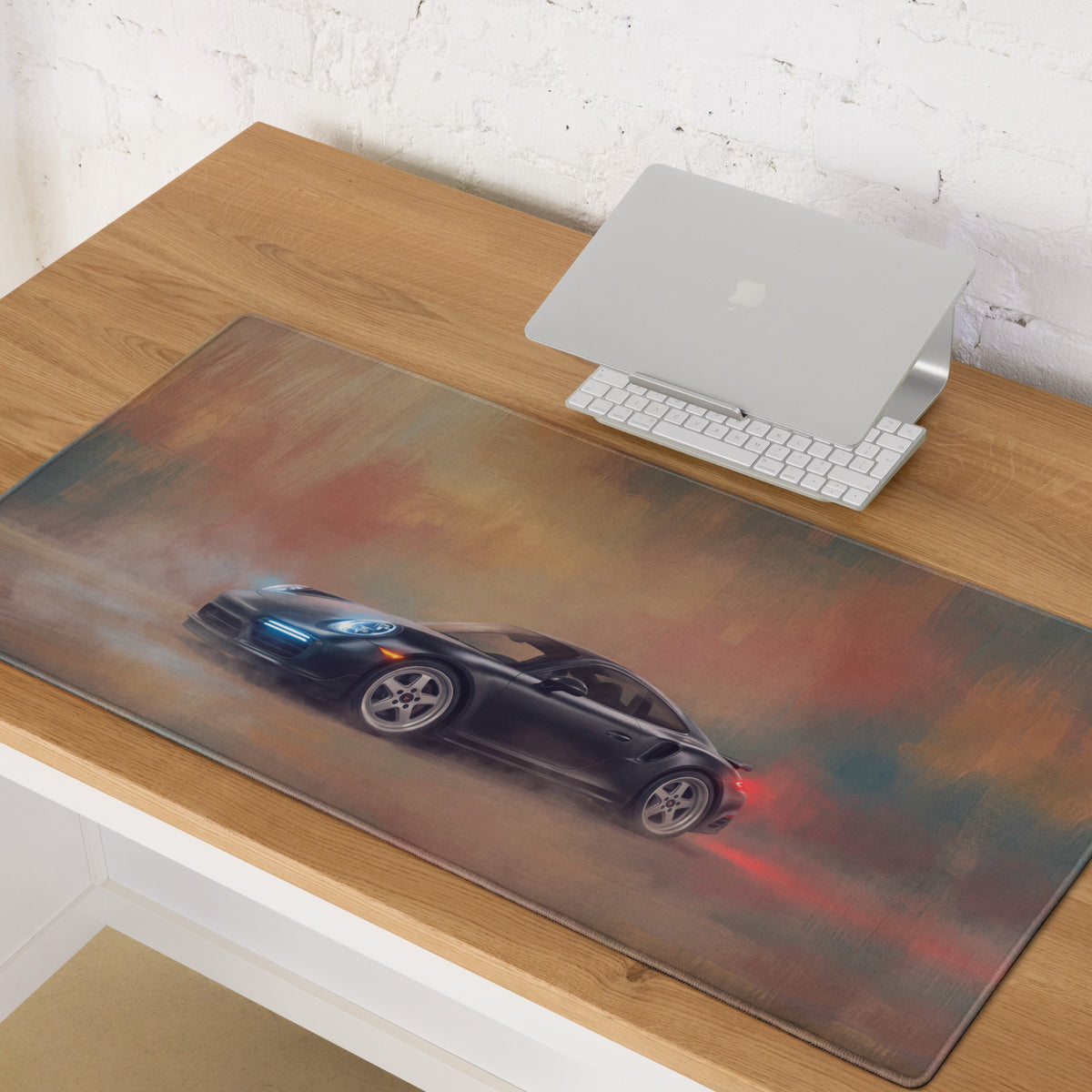 Black Porsche sports car graphic on rectangular smooth mousepad with red orange smoky background for gaming use