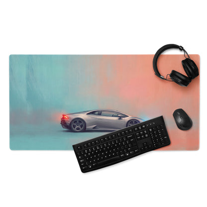 Silver lamborghini huracán inspired titanium profile desk mat featuring a silver sports car graphic on ultra-glide cloth