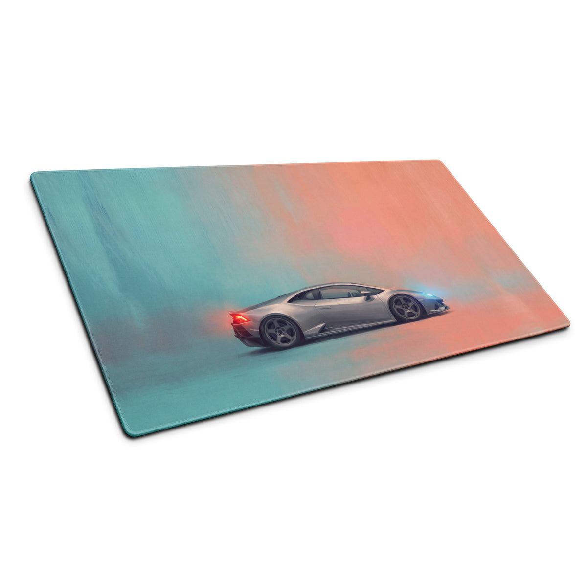 Silver lamborghini huracán sports car graphic on a titanium profile desk mat with a teal and orange gradient background
