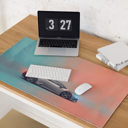 Lamborghini Huracán inspired titanium profile desk mat with ultra-glide cloth and teal to coral gradient background