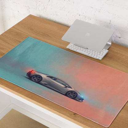 Lamborghini Huracán inspired titanium profile desk mat mousepad with sleek silver car graphic on teal and pink gradient background
