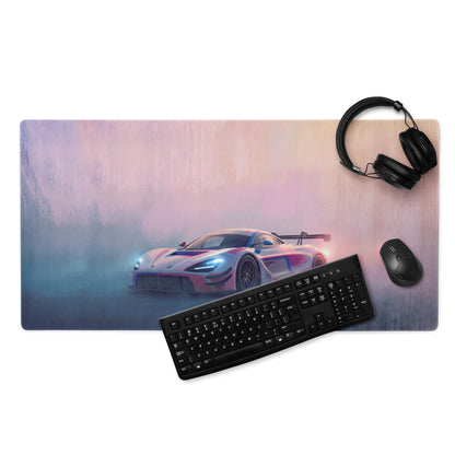 A sleek rectangular xl gaming mousepad with stitched edges featuring a neon pink and blue mclaren 720s gt3 design